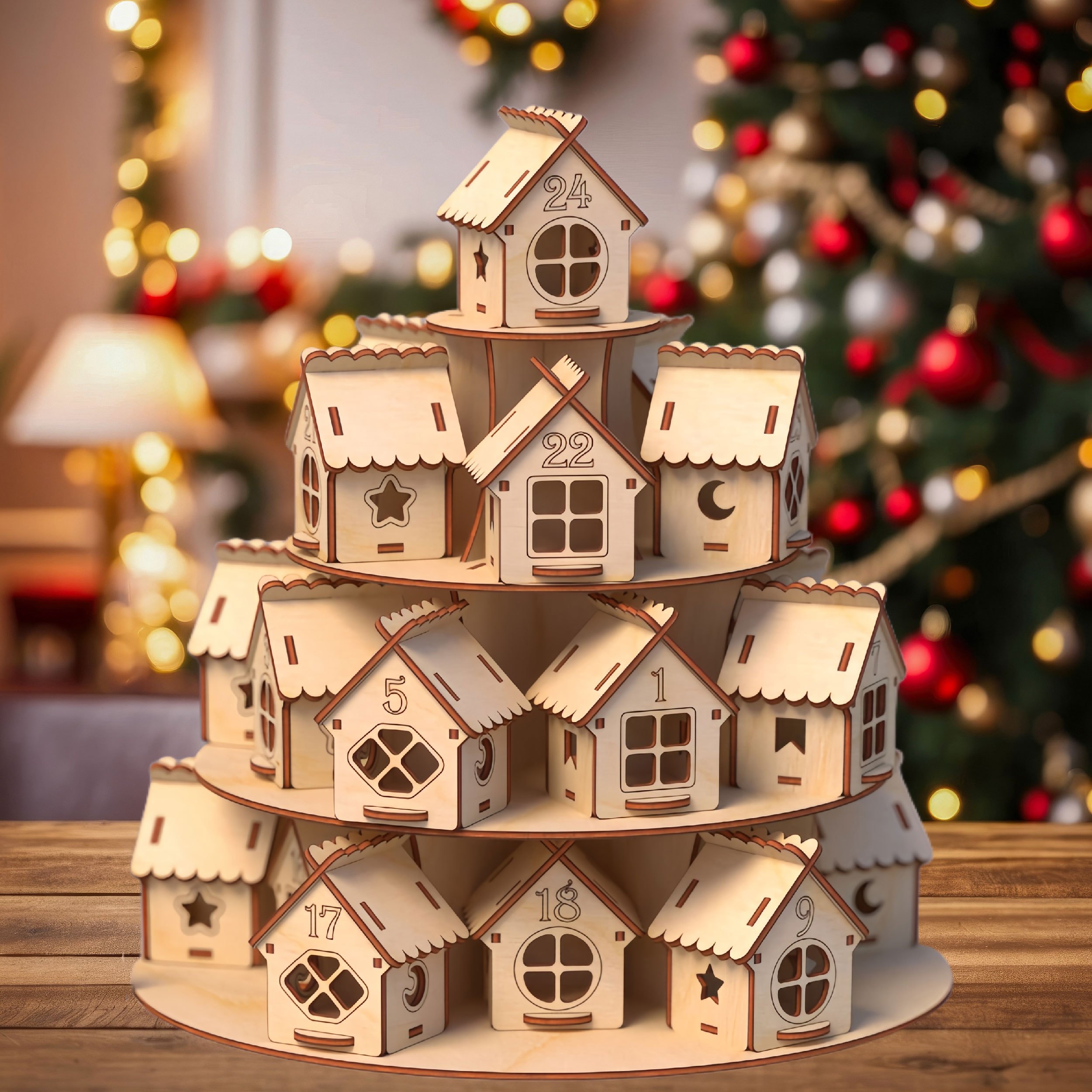 Image of 24pcs Wood 3d Tiered House Christmas Advent Calendar With 24 Numbered Doors & Stand - 3-story Countdown Calendar For, Family, Daily Holiday Activities (1-24 Doors, Numbered 1-24) - Sturdy Wood