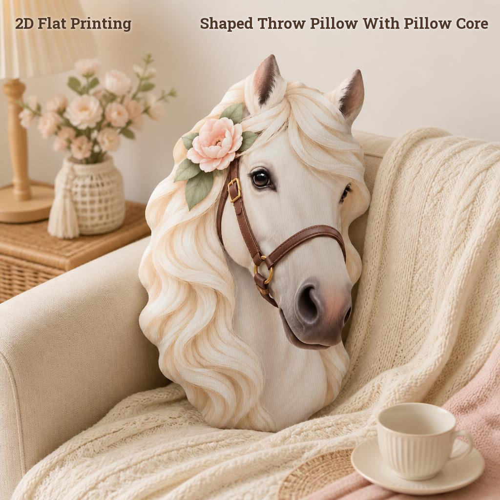 TEMU Coussin décoratif en peluche blanche Cheval et Rose - Impression 2D plate, idéal pour canapé, chambre, salon, décoration intérieure chaleureuse