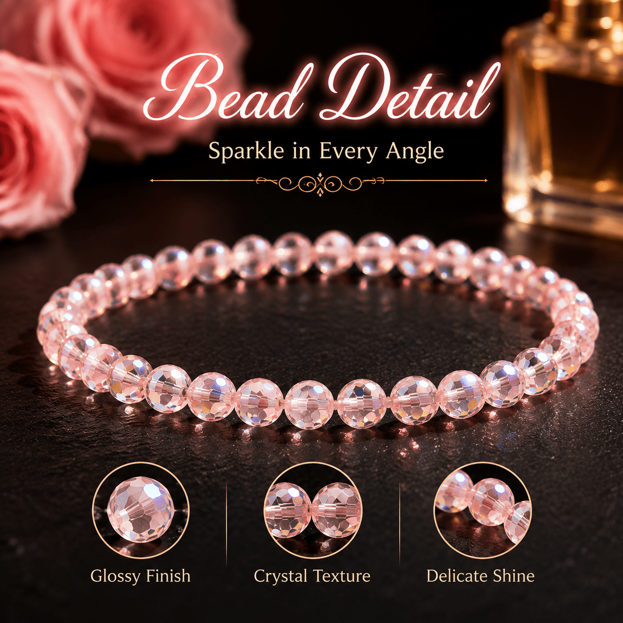 Women's Pink Crystal Beaded Bracelet, Sparkling Gift Option
