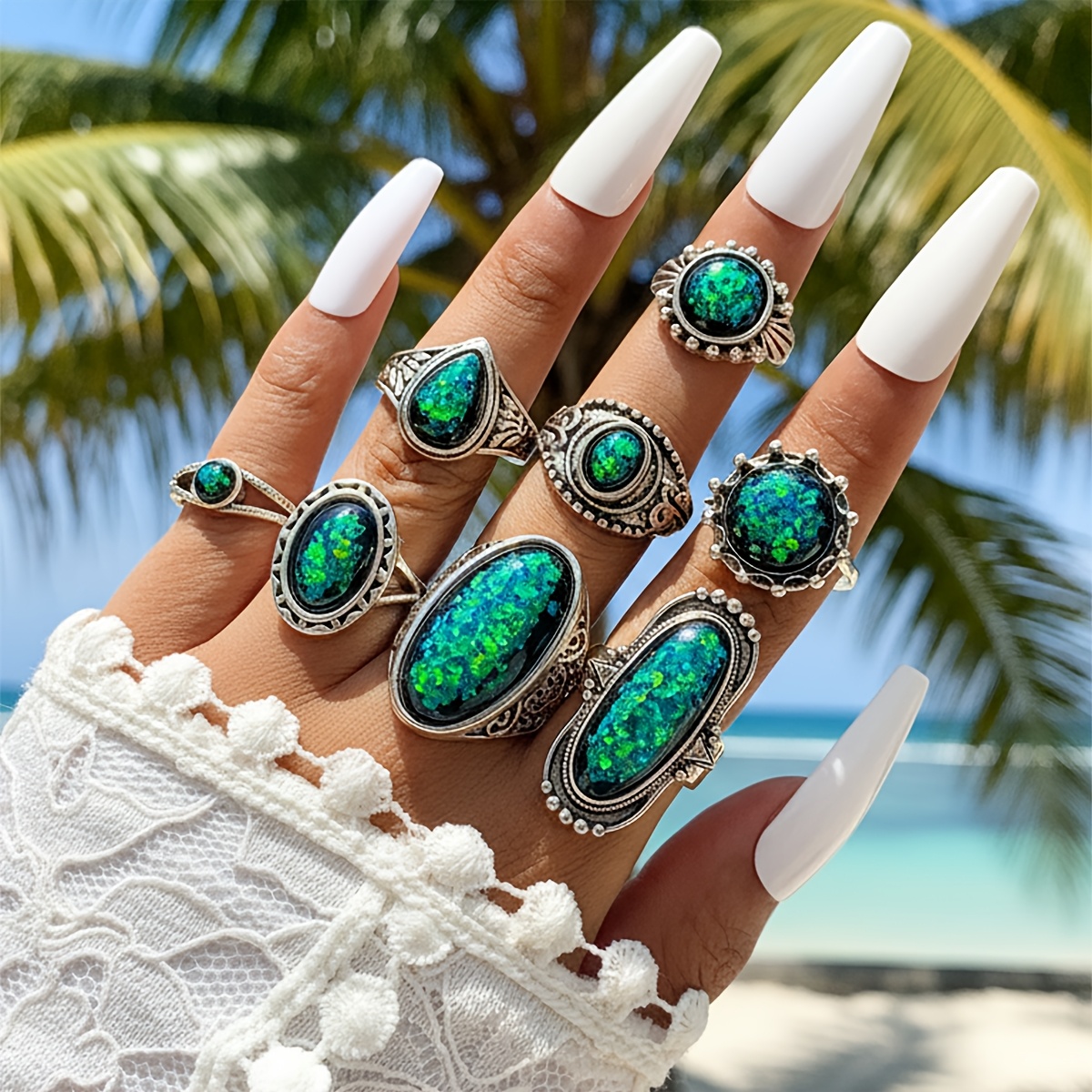 Image of 8pcs Personalized Fashion Gemstone Ring Set, Stackable Metal Geometric Set Suitable For Women' Wear, Party Wear, And As An Exquisite Gift For