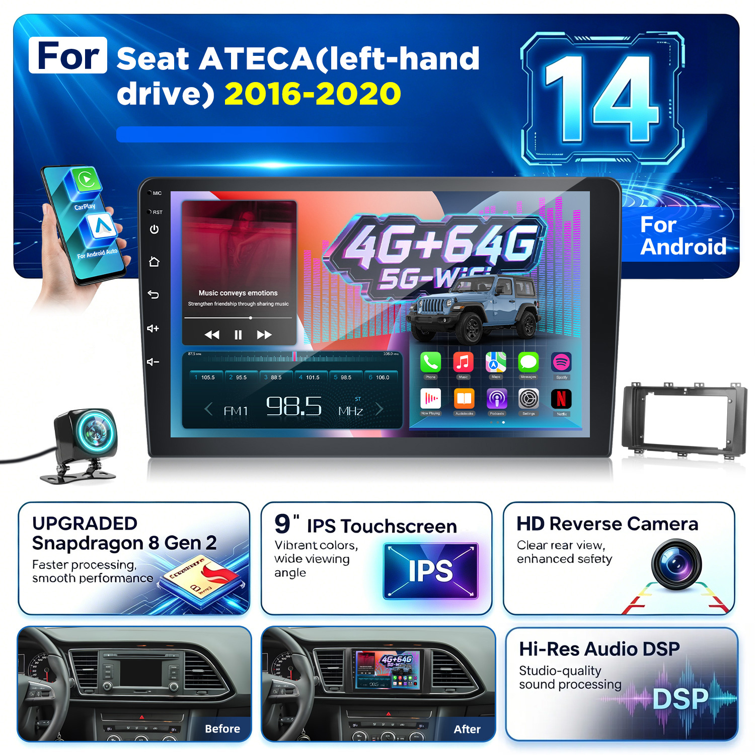 Image of [4g+64g] 14 Car Stereo For Seat (left-hand Drive) 2016-2020 With And Auto, Double Din 9-inch Touchscreen Radio With Bluetooth 5.0, Eq, Navigation, Gps, Wi-fi, Rds/fm, Swc, Camera, And Car Frame