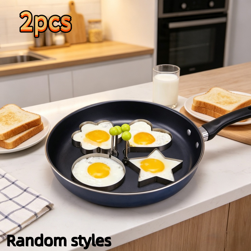 TEMU Random 2pcs Stainless Steel Egg Molds From Multi-styles. Feature Creative Designs Including Flower, Heart, Round, And Star Shapes. Equipped With