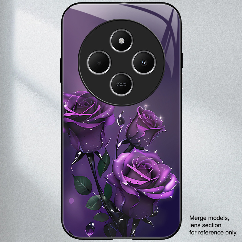 TEMU Phone Case: Phone Case Suitable For Redmi 14c/a4/a3 Pro/poco C75 Tempered Glass Phone Case, Purple Rose Pattern