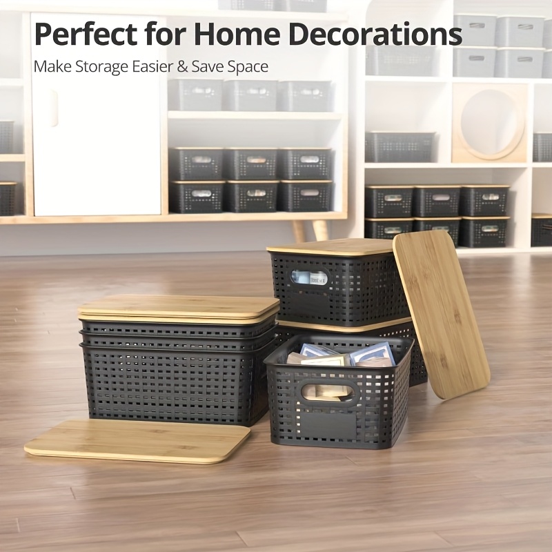 5pcs Lidless Stackable Black Plastic Storage Baskets