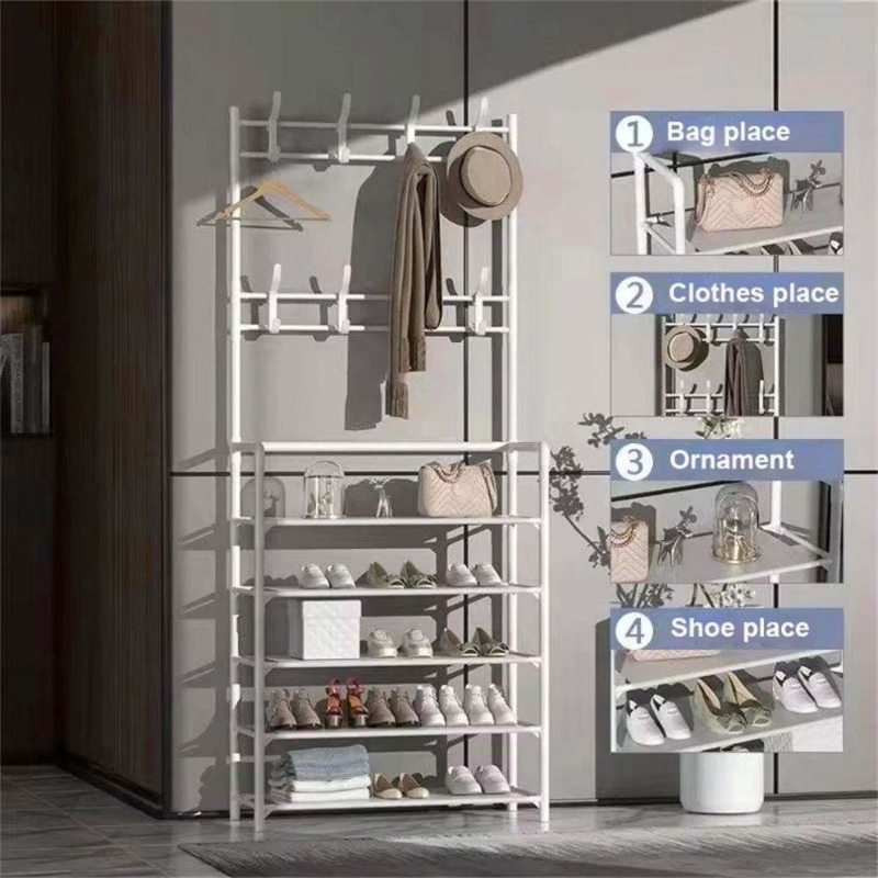 5-Tier Entryway Shelf with Metal Coat Rack And Shoe Rack, Suitable for Front Door Entryway, Entry Shoe Rack with Coat Rack, Multifunctional Entryway Storage Organizer, Suitable for Home, Hallway, Bedroom (White)