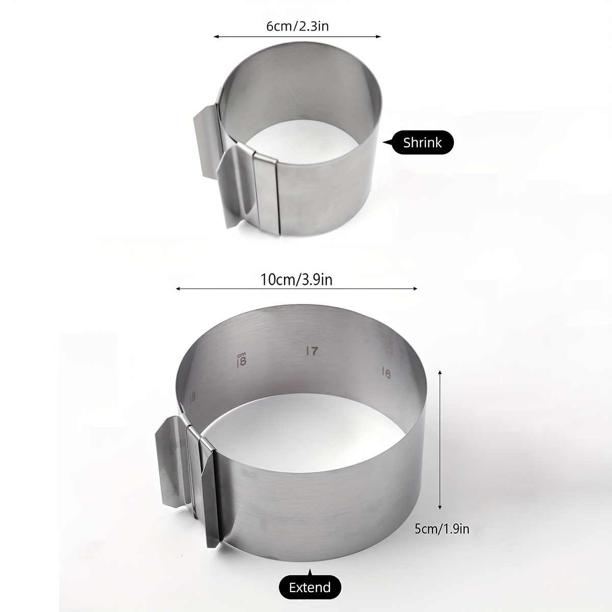 A Mini Retractable Mousse Ring. Material: 430s/s. Dimensions: : 5.5cm, : 10cm. Height: 5cm. Thickness: 0.24mm. Weight: 47.5g. The Kitchen Baking Tool And Kitchenware