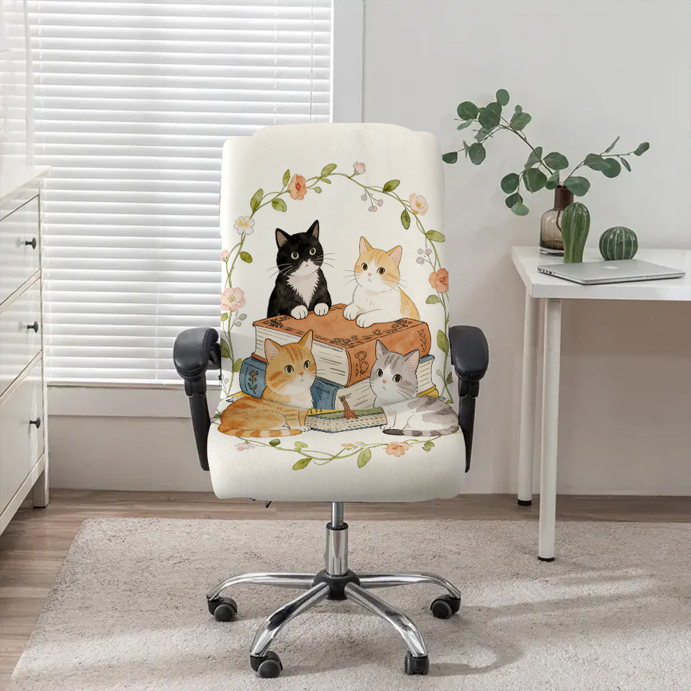 TEMU 1pc Books And Cats Office Chair Cover, Fabric With Elastic Detachable And Machine Washable Chair Cover. Suitable For Office, Bedroom And Game