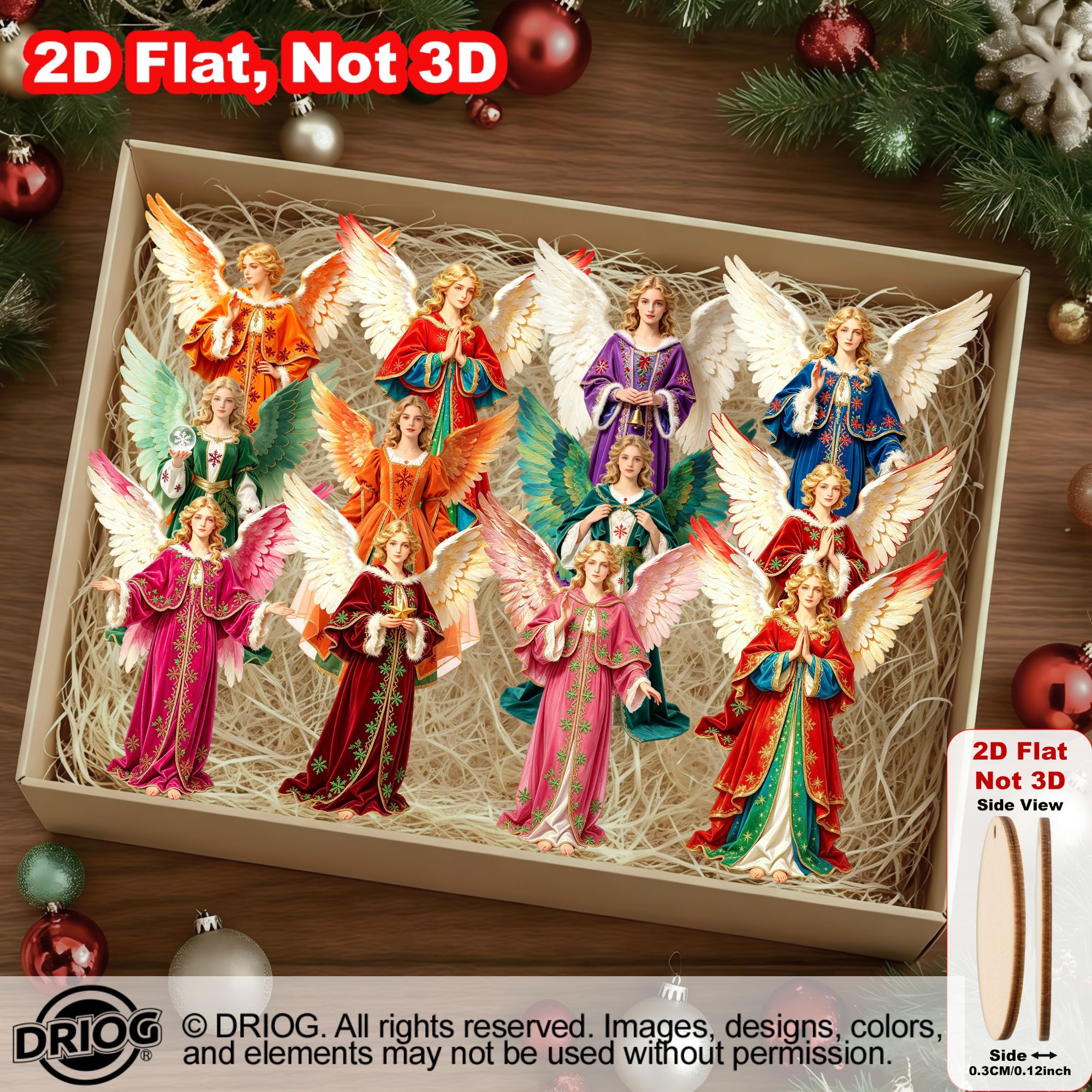 TEMU Piatto 2D, Piatto 2D 12 pz Ornamento in Legno Angeli in Abito Multicolore, Elegante Decorazione Natalizia per la Casa, Decorazione da Appendere