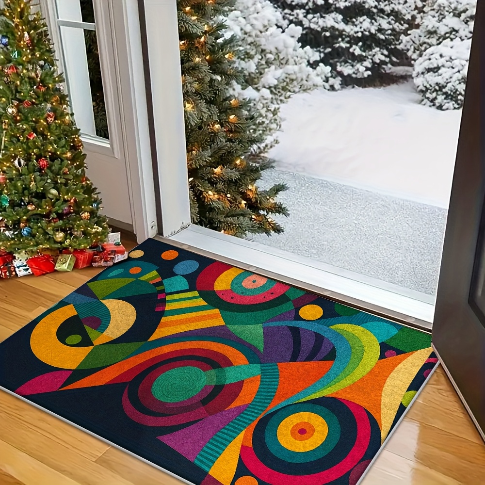 TEMU 1pc Colorful Geometric Pattern Fashion Mat - Non-slip Rubber Backed Rug, 900g Per , 0.3cm Thick. Essential For Living Room, Entrance, Laundry
