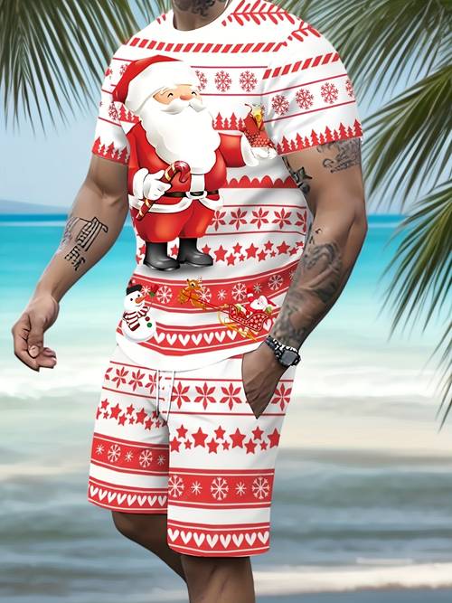 öğe resmi erkek çocuk noel seti, noel baba, kar tanesi ve yıldız desenli kısa kollu üst ve uzun pantolonlu