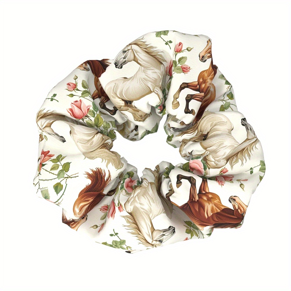 Image of 1pc Elegant Horse Print Fabric Scrunchie For Women - Animal Design, Hair Tie, Ideal Gift For Parties & Casual Attire, Hair Accessory||soft