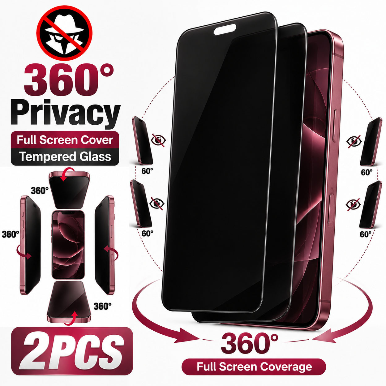 TEMU 2pcs Privacy Full Coverage Tempered Glass Screen Protectors, Suitable For Iphone 18 Pro/18 Pro Max, Glossy Bright Visual, 360Â° Edge Coverage,
