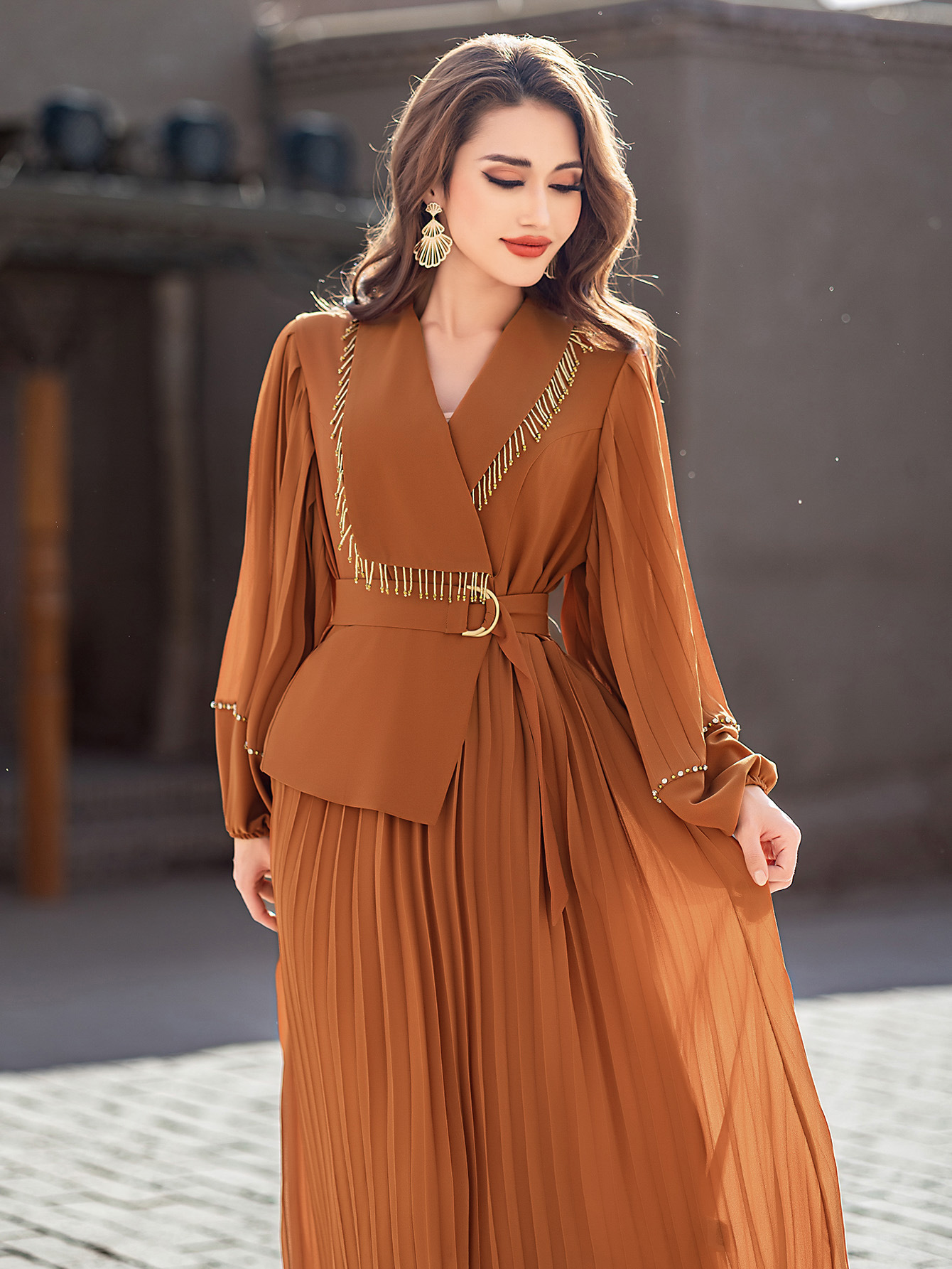 ba5215 neck long sleeve pleated skirt heavy hand - Temu Canada