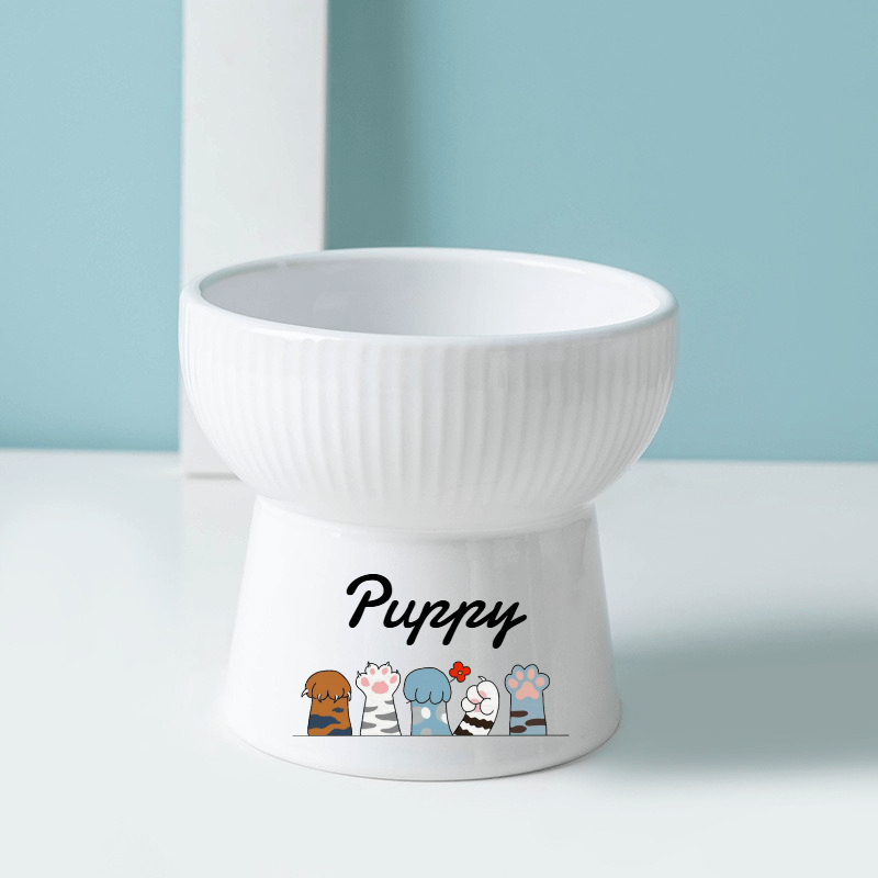 TEMU Customized Ceramic Cat Bowls With High Stands, Featuring Fixed Patterns And Customizable Pet Names. Elevated Bowls Are Designed To Prevent And