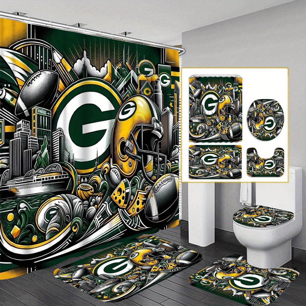 

Football Carnival 1/4pcs Shower Curtain Set, Bathroom Decoration, Waterproof Fabric Shower Curtain Set With 12 Hooks, Non-slip Bathroom Rug, U-shaped Toilet Mat, Toilet Seat Cover, 's Day Gifts