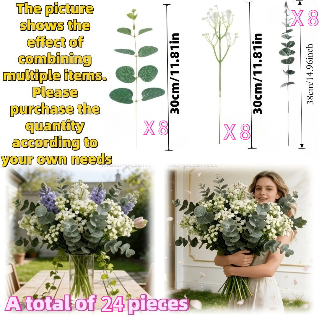 TEMU 24 piezas - Hermoso eucalipto artificial, combinación de 'Su y hojas de eucalipto, flores artificiales verdes para todas con forma natural y