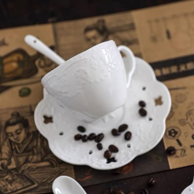 elegant white bone china ceramic cup and saucer set with floral embossing   coffee or tea ideal for home kitchen or breakfast use coffee bar accessories Product details 5