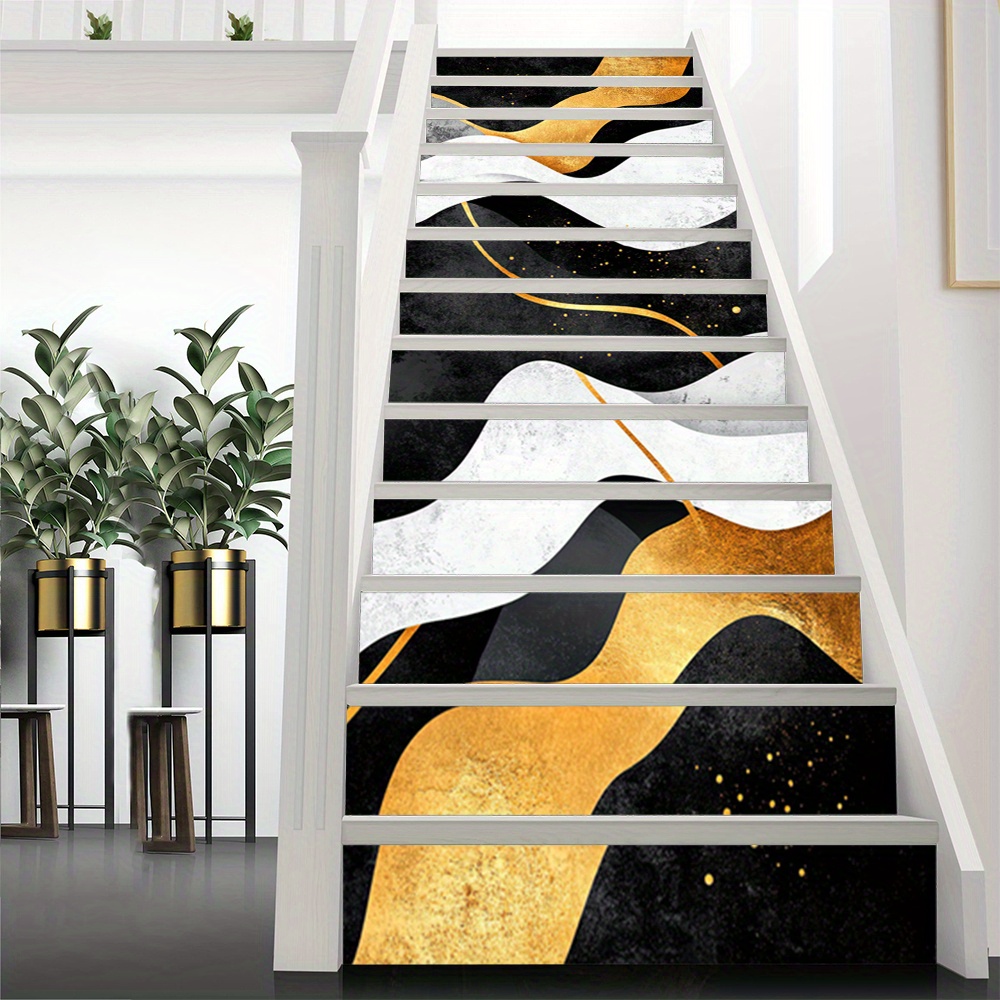 13pcs Modern Abstract Black and Golden Wavy Staircase Decals - Self-Adhesive Vinyl Stair Riser Murals, 100.0cmLx17.98cmW, Peel and Stick for Easy Installation, Elegant Home Décor for Staircases