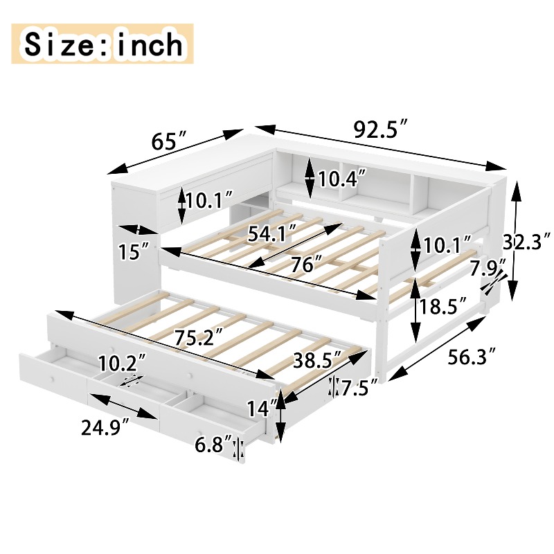 Full Size Daybed with Trundle, Wood Day Bed Frame with Storage Drawers And Side Shelves, Daybed with Desk, No Spring Box Needed, White
