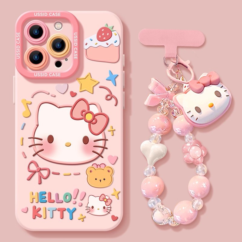 Phone Case - Hello Kitty Cartoon Phone Case Pink With Chain Mirror, Suitable For Iphone Phone Case, 16/15/14/13/12 Phone Case