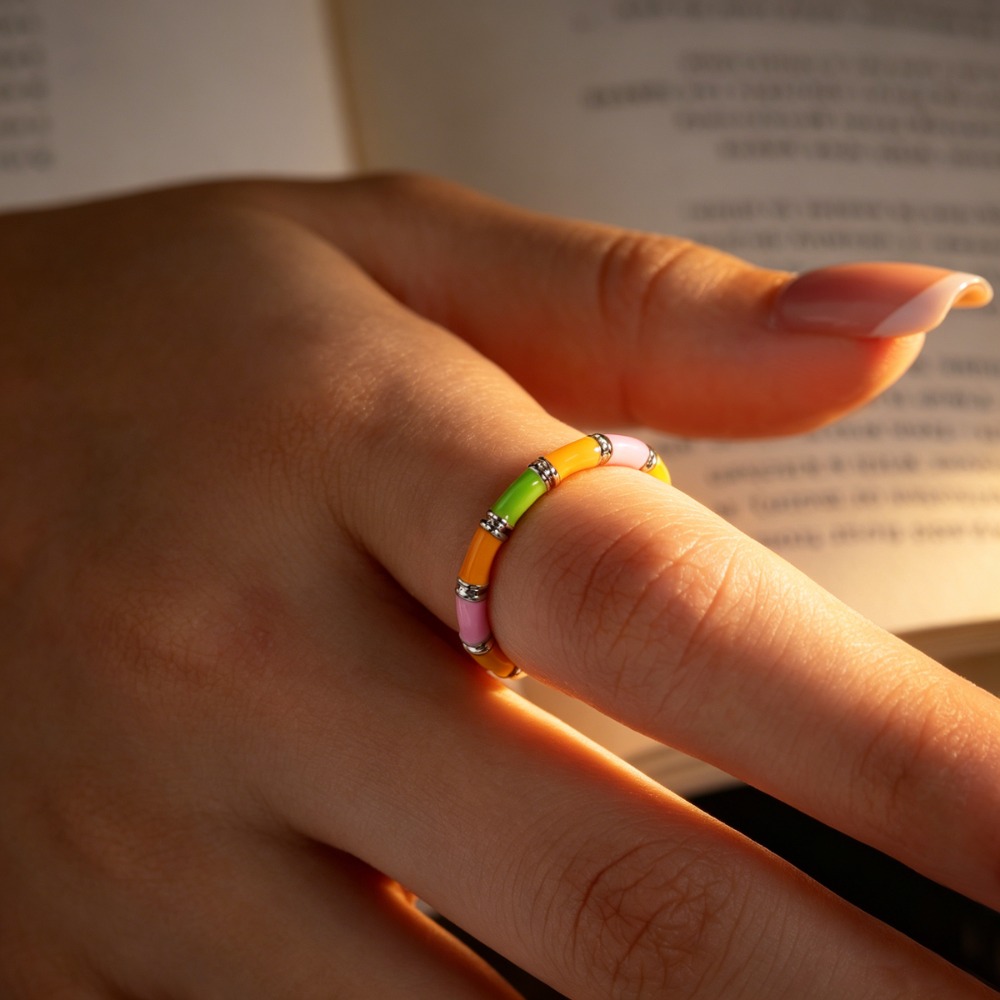 Ladies' Bamboo Shaped Multi-Colored Adjustable Open-End Ring