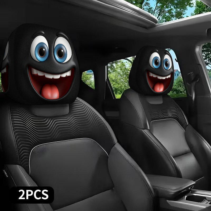 TEMU 2pcs Cartoon Big Eyes 2d Printed Car Headrest Covers Breathable Universal Fit For Sedan Suv Truck Interior Decoration