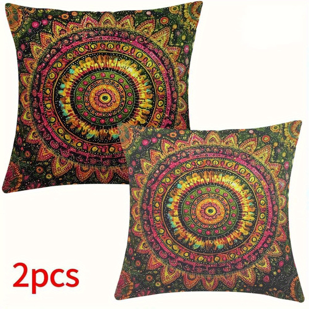 2 pack bohemian mandala flannel pillow covers 18x18 inch invisible zipper machine washable     back sleeper recommended movie theme decorative cushion cases for living room bedroom car camping no insert details 9