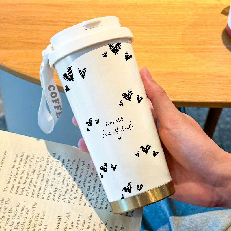 Image of Fashion Love Pattern 500ml Coffee Cup - Steel Insulated Travel Mug With Lanyard & Straw, Leak-proof/cold Drinks, Office, Sports, Valentine's Day Gifts
