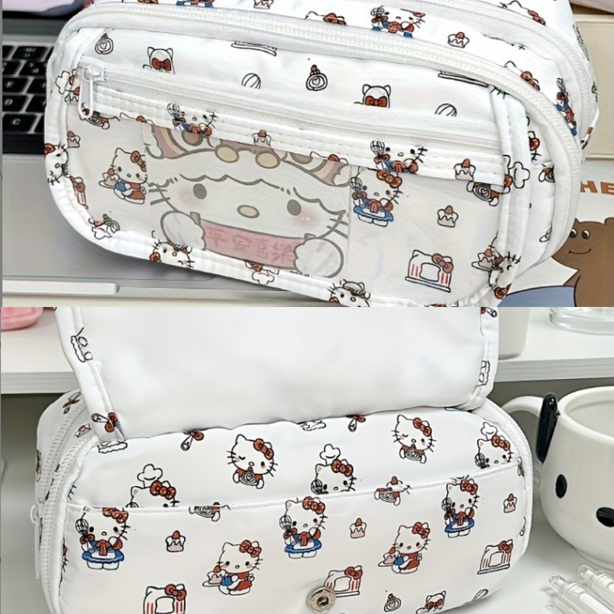 

Sanrio Hello Kitty Canvas Pencil Case - , Large-capacity Double-layer Organizer, Fashionable Polyester Stationery For Students, Sanrio