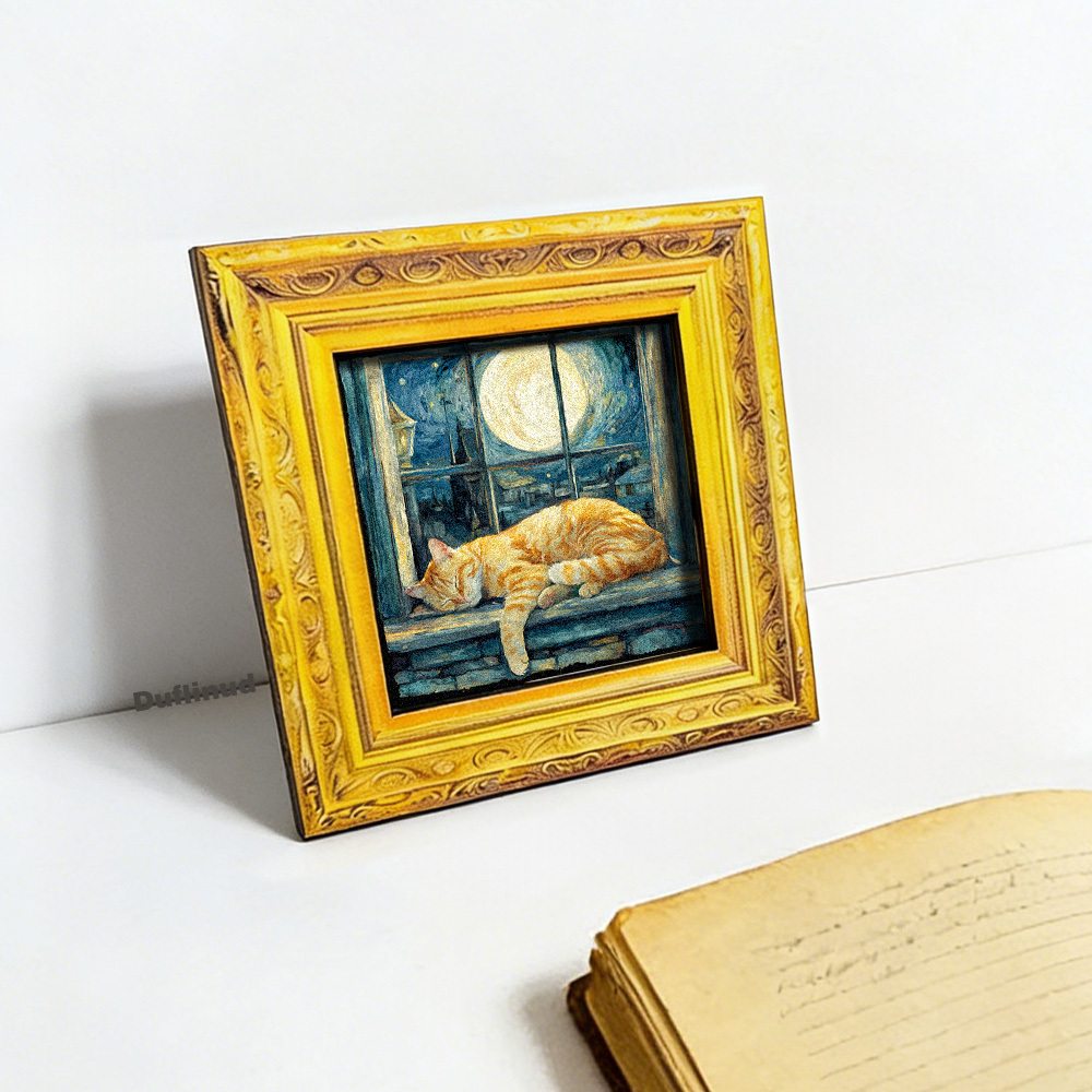 TEMU 1pc Wooden Night Sleeping Fridge Magnet, Wooden Mini Decorative Painting, Wooden Fridge Sticker, Warm Kitchen Window Cat Art Ornament, Holiday