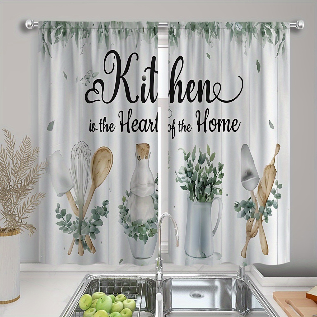 TEMU 2pcs Kitchen Window Curtains - Semi-sheer Window Drapes With Greenery, Utensils & Floral Print - Machine Washable Window Treatments For