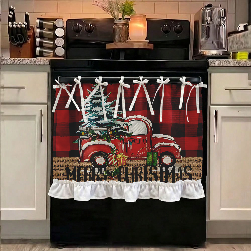 2d, Red Vintage Truck Christmas Burlap Farm Decor Multifunctional Oven Protective Curtain, Polyester With Hem And Tie Strings, Home Kitchen Appliance Cover For Kitchen Apron