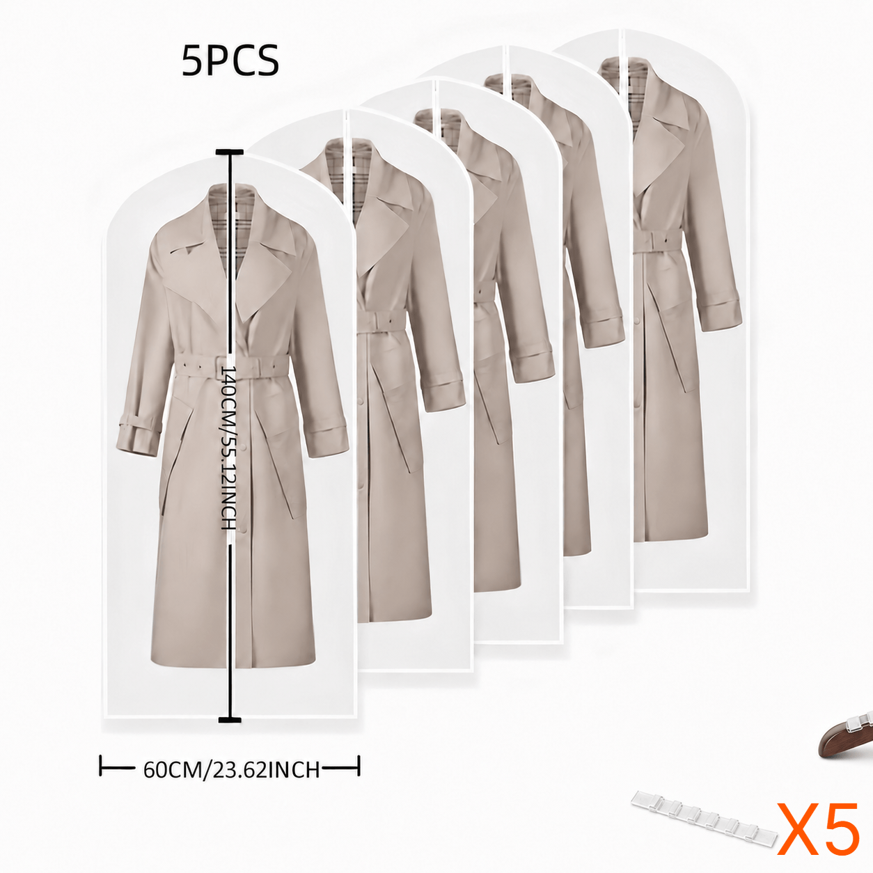 TEMU 10pcs Set; 5/24' X 55' Zippered Garment Bags - Transparent Peva Dust Covers And 5 Pairs Of Non-slip Hanger Strips, Suitable For Jackets, Suits