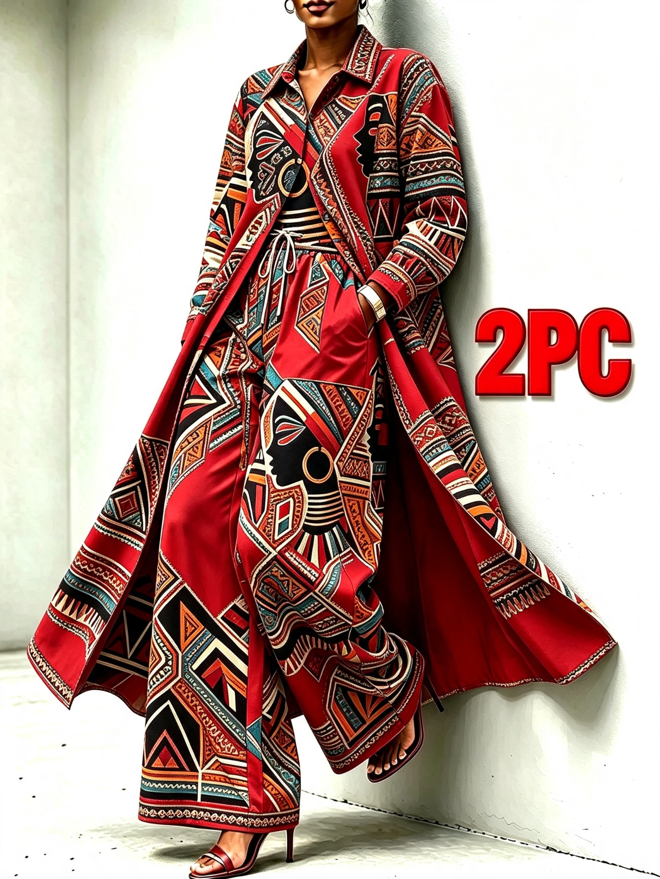 wine red vintage ethnic   2pcs set long sleeve lapel long shirt wide leg pants casual daily vacation   outfits