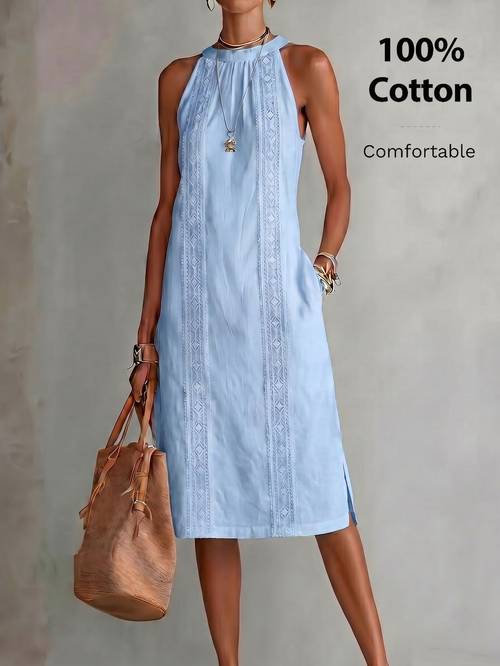 Artikelbild plus size - damenmode in großen größen - 100% einfarbiges, leichtes neckholder-ärmelloses kleid, crochet lace panel casual shift kleid mit und seitenschlitz für den sommer