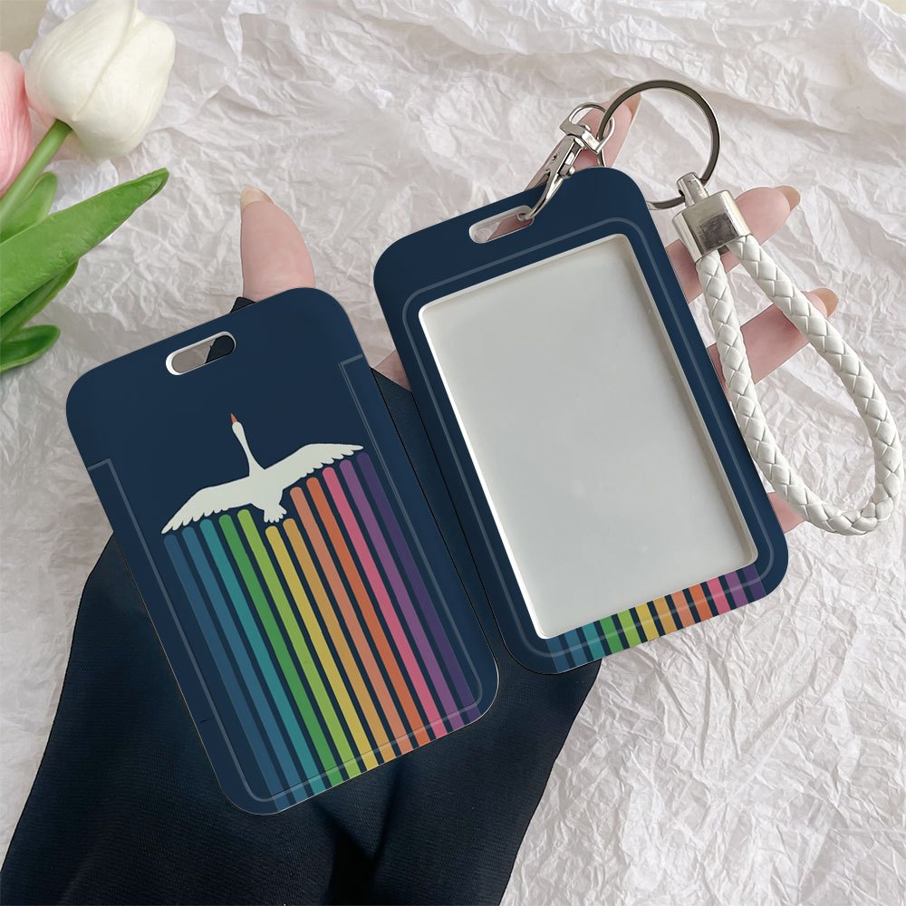 Rainbow Swan Flight Pattern Durable Plastic ID Badge Holder with Lanyard   for Cards Transparent Window Compatible with Credit, Metro, Bus Cards-Nurse,  , Student Accessory