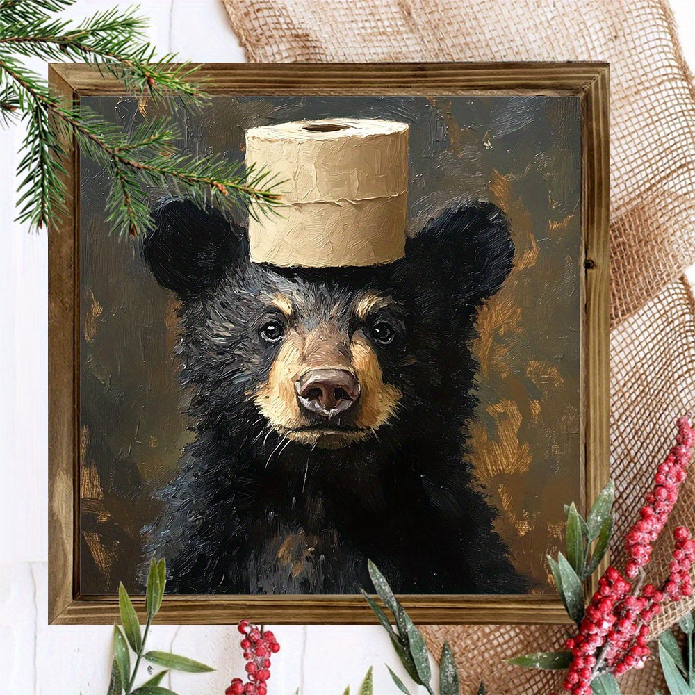 TEMU 1pc Humorous Black Bear Wall Art With Toilet Paper - Farmhouse Suitable For Bathroom Decor, Artificial Wood Frame, 8x8 Inch Suitable For Living