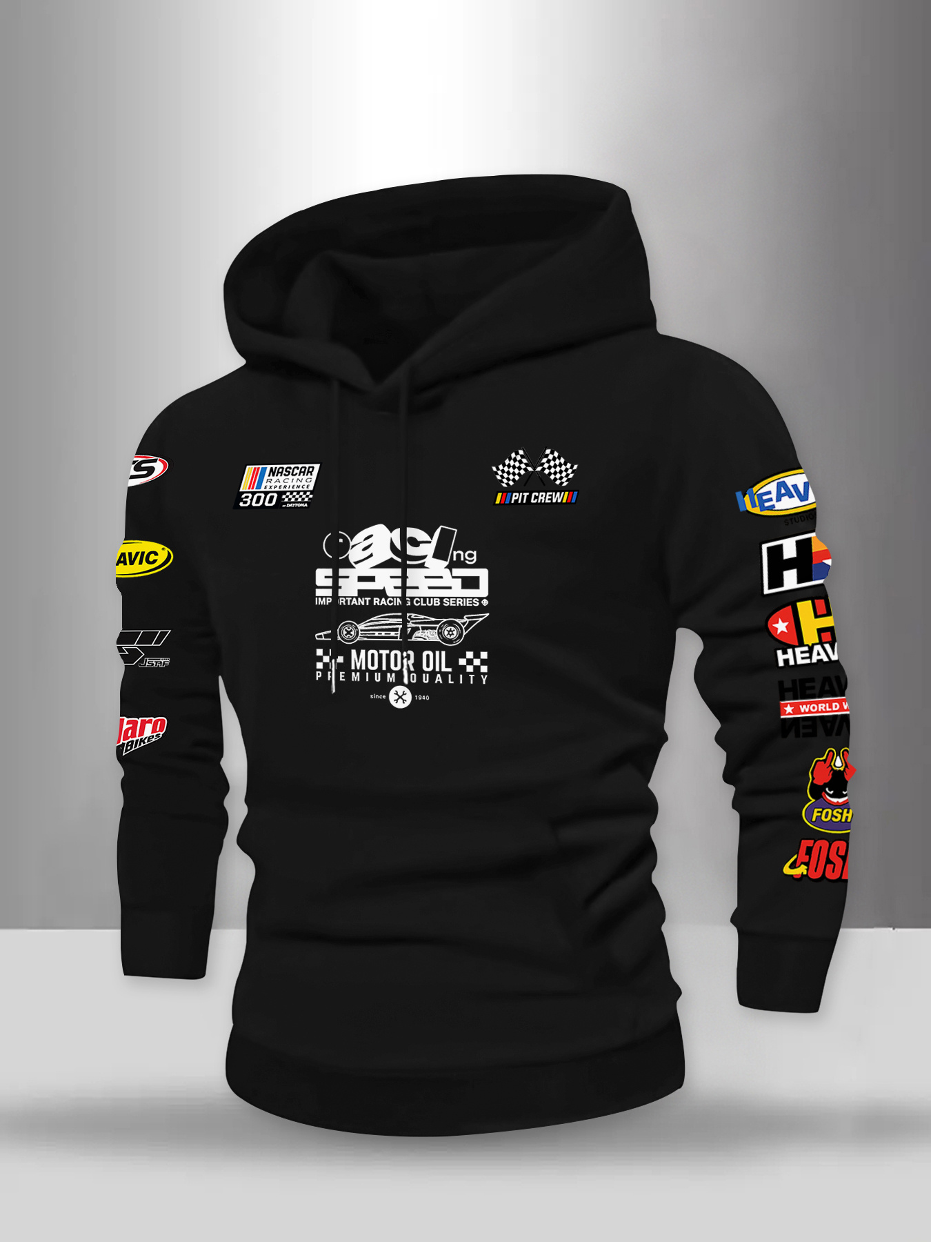 Herensweater met capuchon en racethema en veelkleurige race-graphics