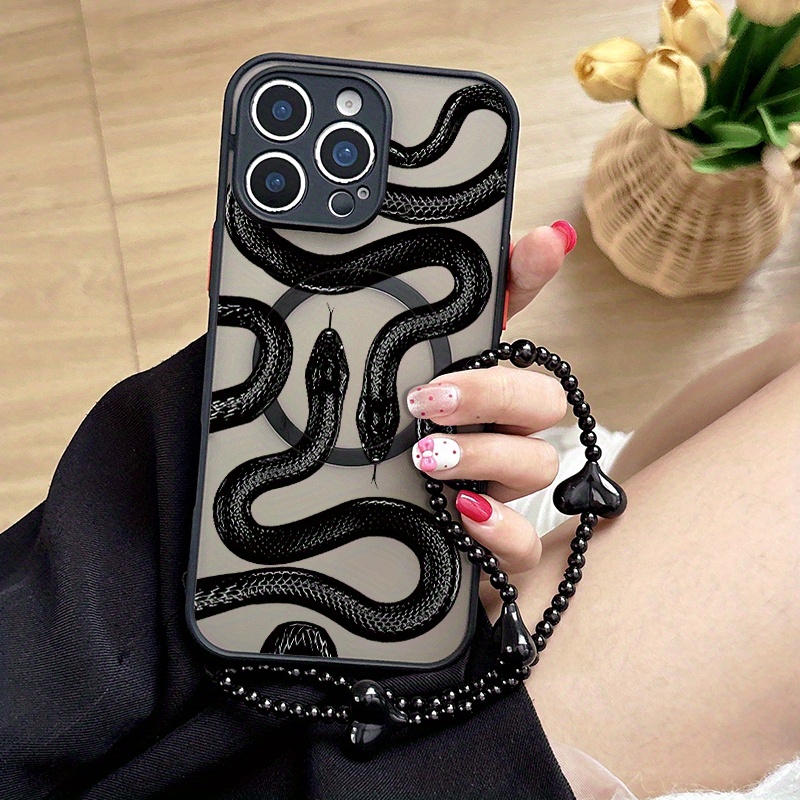 TEMU Phone Case - A Heart-shaped Bracelet In Black And A Magnetic Phone Case With A Black Snake Design For Iphone 17, 16, 15, 14, 13, 12, 11 Pro Max,
