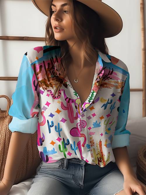womens desert print collar shirt western style button blouse machine washable polyester top for casual wear southwestern cactus desert design for office or outdoor outfits