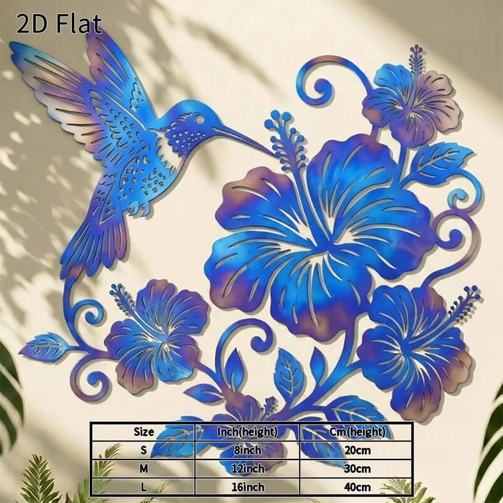 TEMU 1pc 2d Flat Hummingbird And Hibiscus Metal Wall Art Durable Metal Decor For Home Garden Patio Elegant Floral Plaque Unique Birthday Housewarming