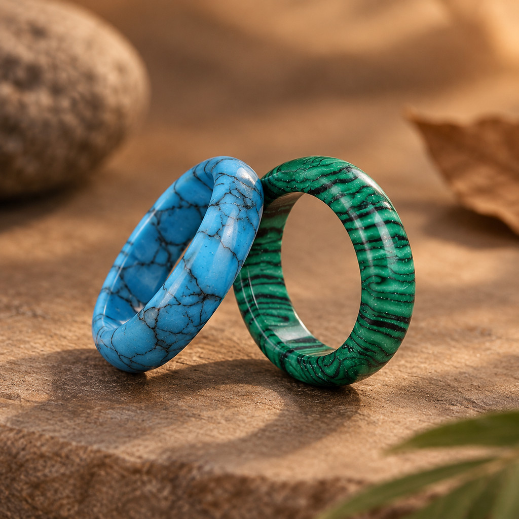 2pcs Malachite & Turquoise Stone Rings for Women, Stackable