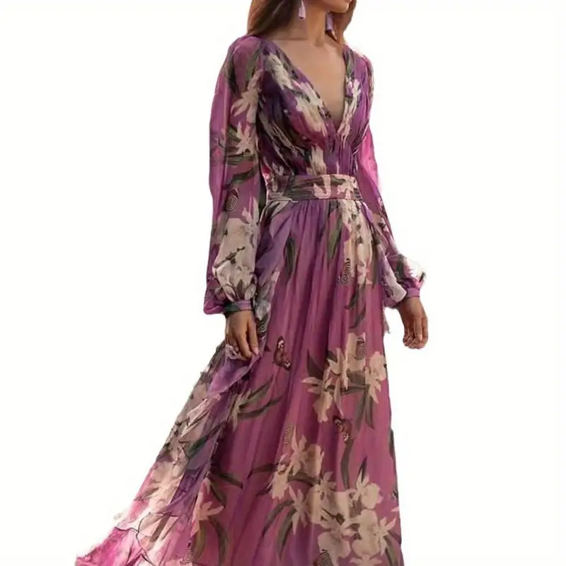 elegant printed v neck long sleeve swing dress Product details 4