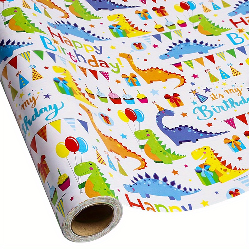 1 Roll Gift Wrapping Paper, Cartoon Dinosaur Happy For Boys' Parties, Baptisms & More, 17" X 9.8ft