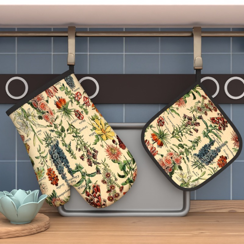 

2pcs Set Floral Oven Mitts & Pot Holders - 10.6x6.7" Heat Resistant Kitchen Gloves For Cooking, Baking, Grilling - Machine Washable Polyester