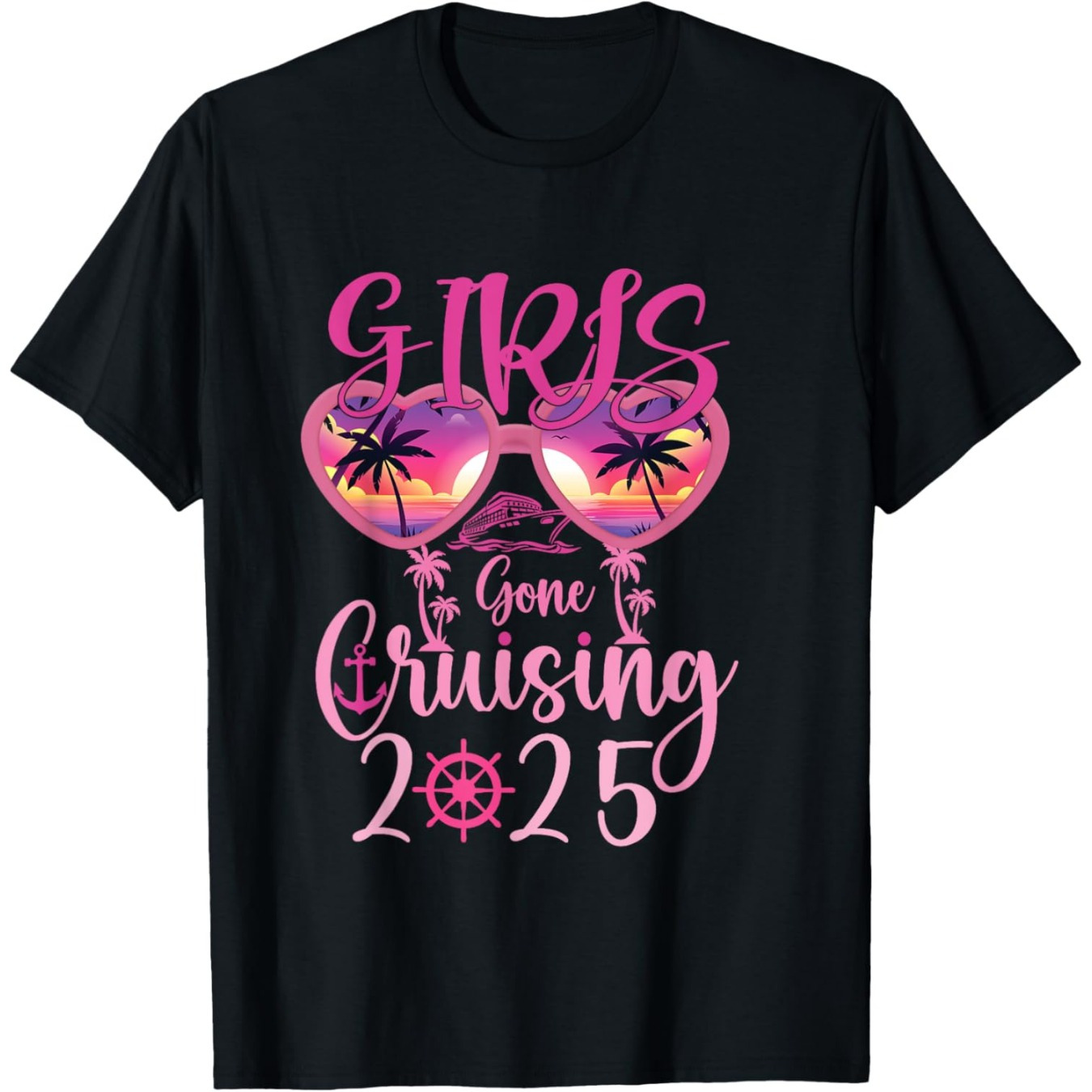 

Gone Cruising 2025 - Women's Matching Black T-shirts With Graphics, Palm Tree & Fashion Glasses Design, Cotton, Round Neck, Casual - Vacation & Casual Attire, Cute T Shirts