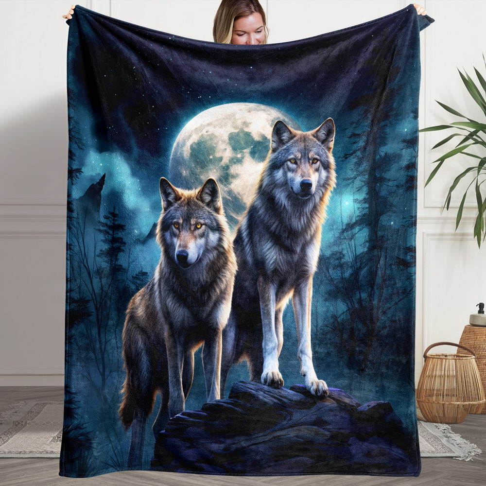 TEMU 1pc Couverture Douillette à Imprimé - Motif Forêt avec , Chaleur en Flanelle pour Toutes pour Canapé, Lit et Décoration Maison, Lavable en