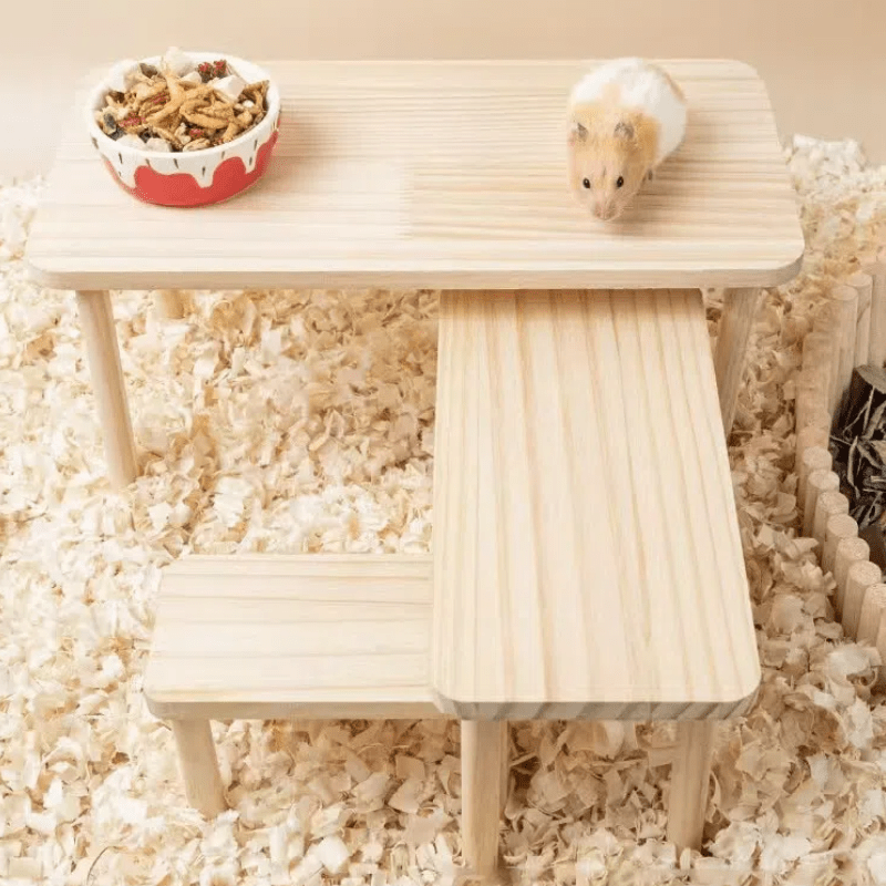 

Plateforme en Bois pour avec Table - à la Mastication, Accessoire de Paysage de Jeu en Bois Naturel, à Niveaux avec Piliers pour la Stabilité, pour , Écureuils, Oiseaux et Lapins, Accessoires pour