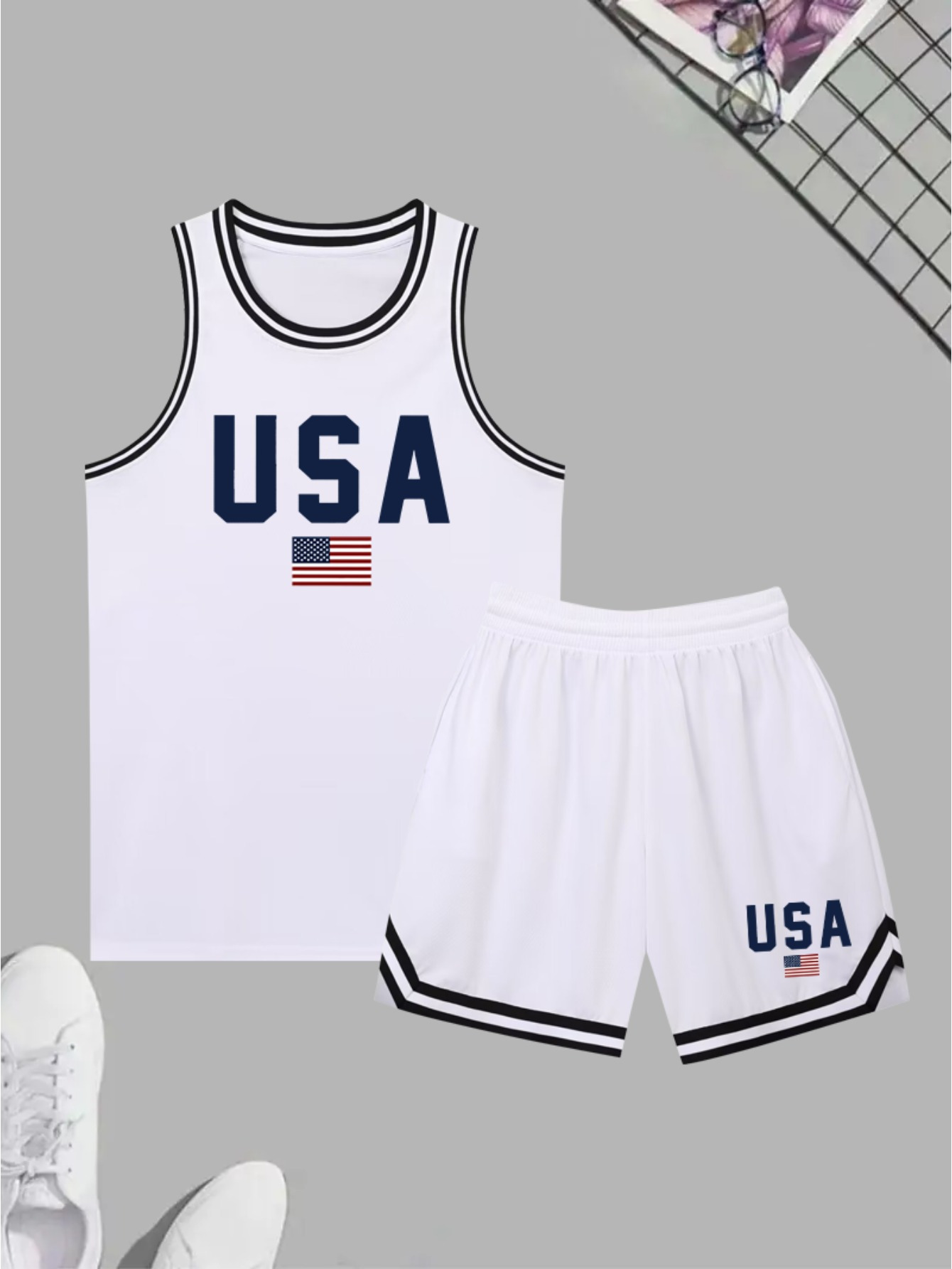 mens geometric print polyester stretch sports outfit white 0