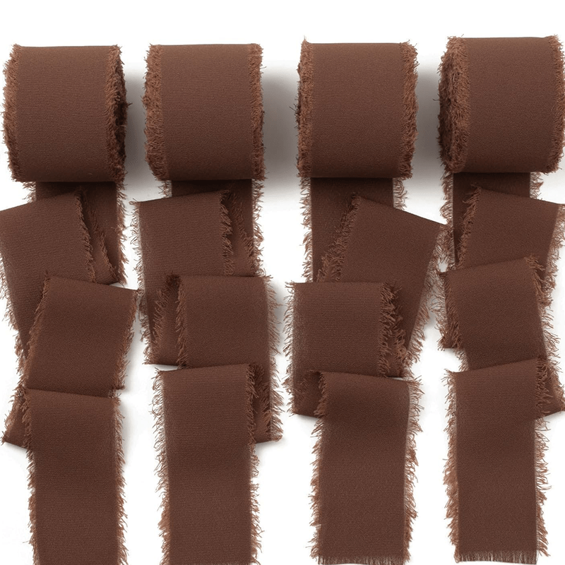 4 Rolls Brown Handmade Chiffon Ribbon Fringe 1.57" X 5.47 Yd Total 21.88yd Dark Brown Frayed Edges Ribbons For Wedding Invitations Bridal Bouquets Gifts Wrapping Crafts Holiday Decor
